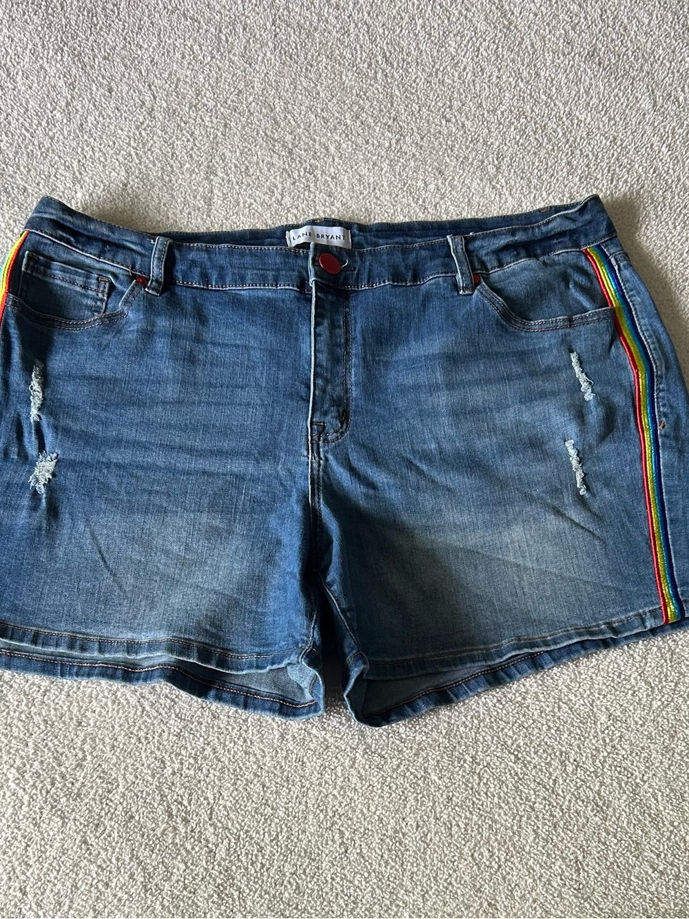 Lane Bryant mid rise girlfriend Blue Denim Shorts with Rainbow Side Stripe